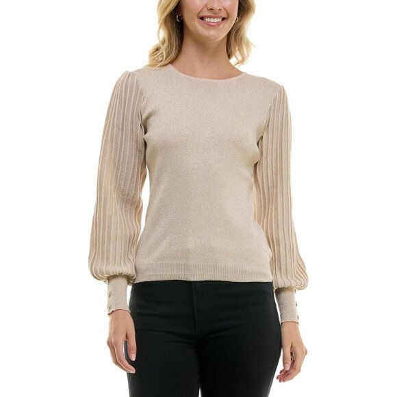 Nanette Lepore Sweater Size XL Ribbed Sleeve Crewneck Metallic Cozy Knit Neutral - Picture 1 of 9